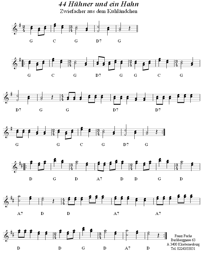 Vierundvierzig Hühner und ein Hahn, Zwiefacher, Volkstanznoten