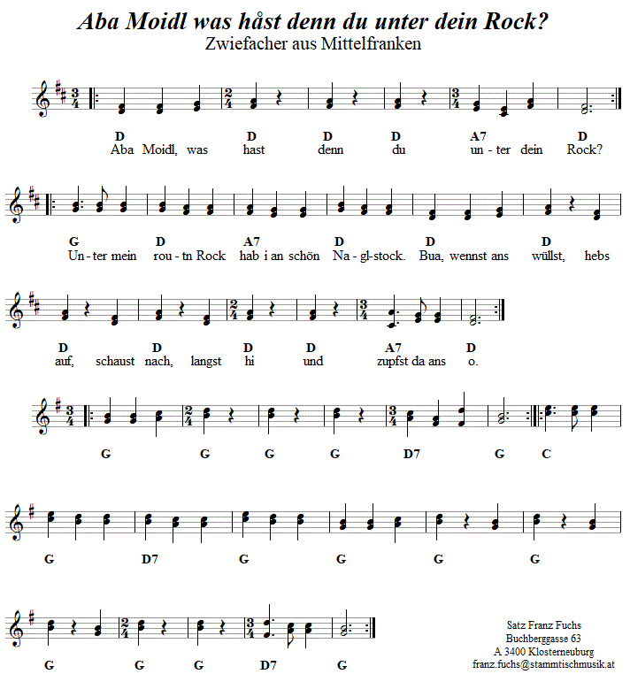 Aba Moidl, was hast denn du unter dein Rock? - Zwiefacher, Volkstanznoten