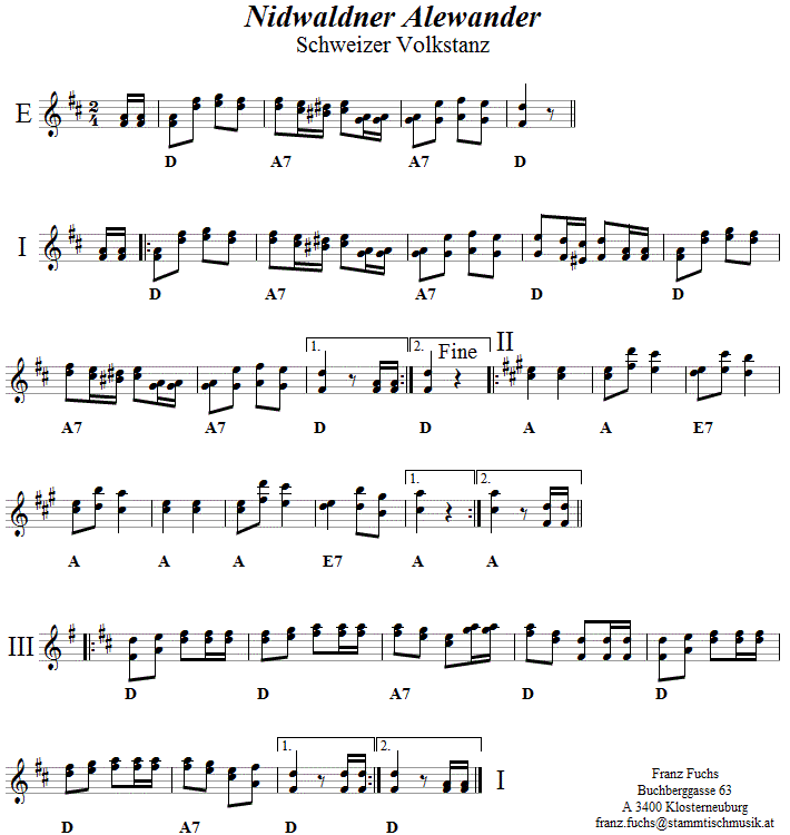Alewander aus Niedwalden, Volkstanznoten