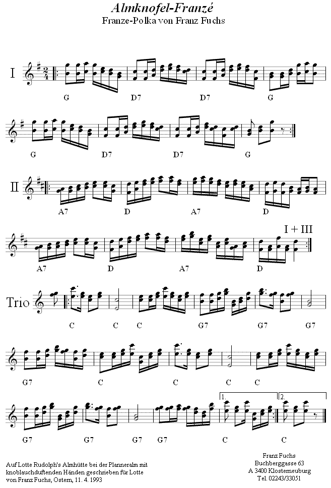 Almknofelfranzé von Franz Fuchs, Noten aus dem Repertoire