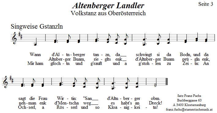 Altenberger Landler, Volkstanznoten