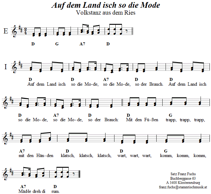 Auf dem Land isch so die Mode, Volkstanznoten