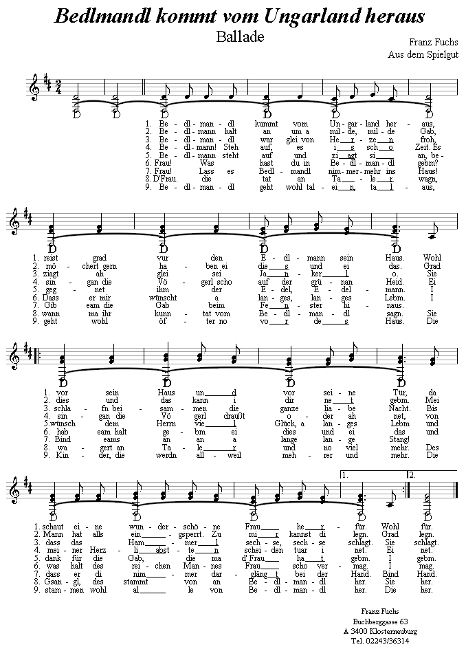 Bedlmandl kommt vom Ungarland heraus - Lieder - Volksmusik und Volkstanz