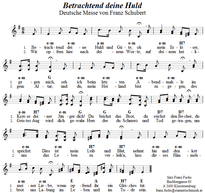 Betrachtend deine Huld und Güte (nach der Elevation, aus der Deutschen Messe von Franz Schubert) in zweistimmigen Noten