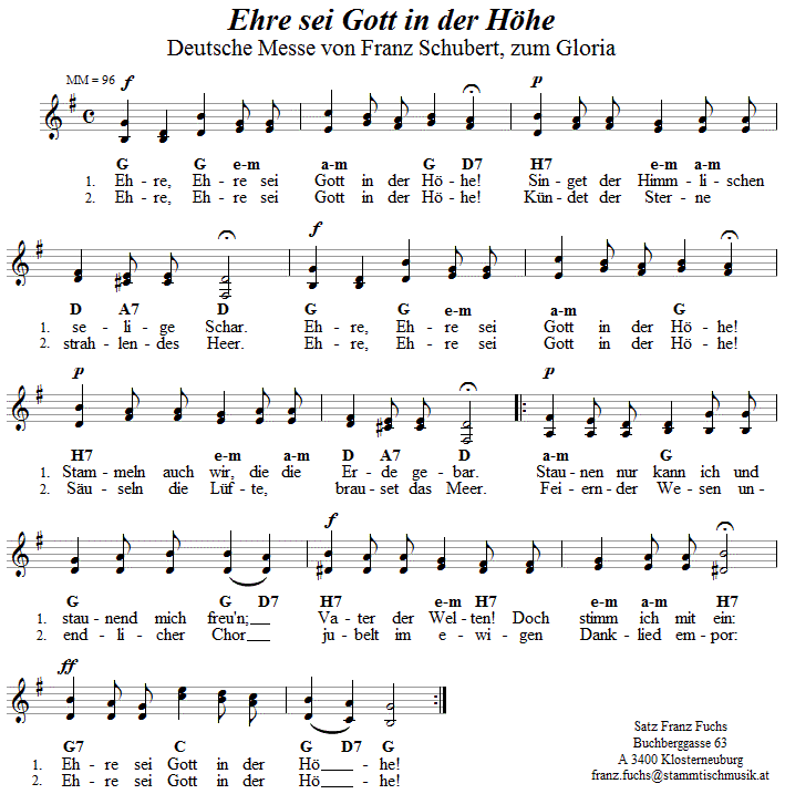 Ehre sei Gott in der Höhe (Gloria aus der Deutschen Messe von Franz Schubert) in zweistimmigen Noten