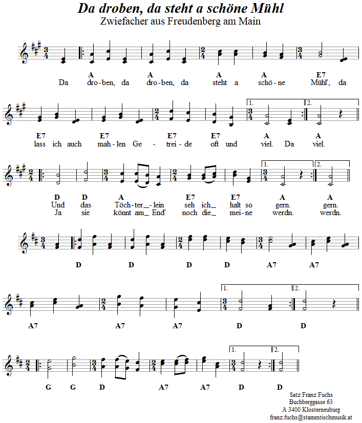 Da droben da steht a schöne Mühl, Zwiefacher in zweistimmigen Noten