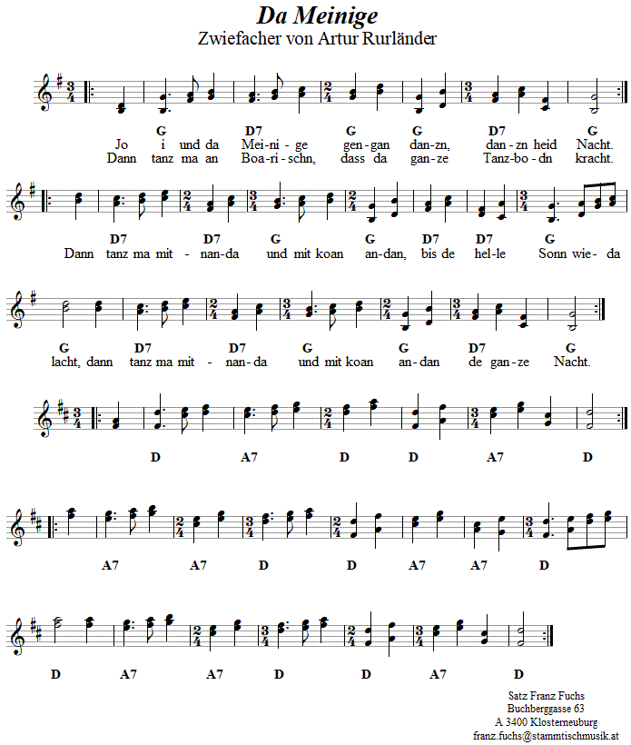 Da Meinige, Zwiefacher von Artur Rurländer, Volkstanznoten