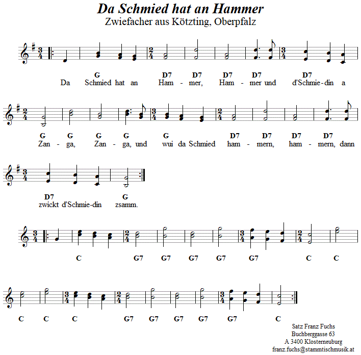 Da Schmied hat an Hammer, (Lochzang,) Zwiefacher, Volkstanznoten