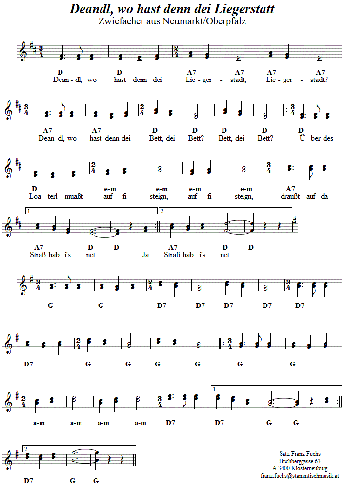 Deandl wo hast denn dei Liegerstatt, Zwiefacher aus der Oberpfalz, Noten