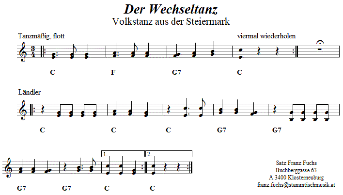 Der Wechseltanz, Volkstanznoten