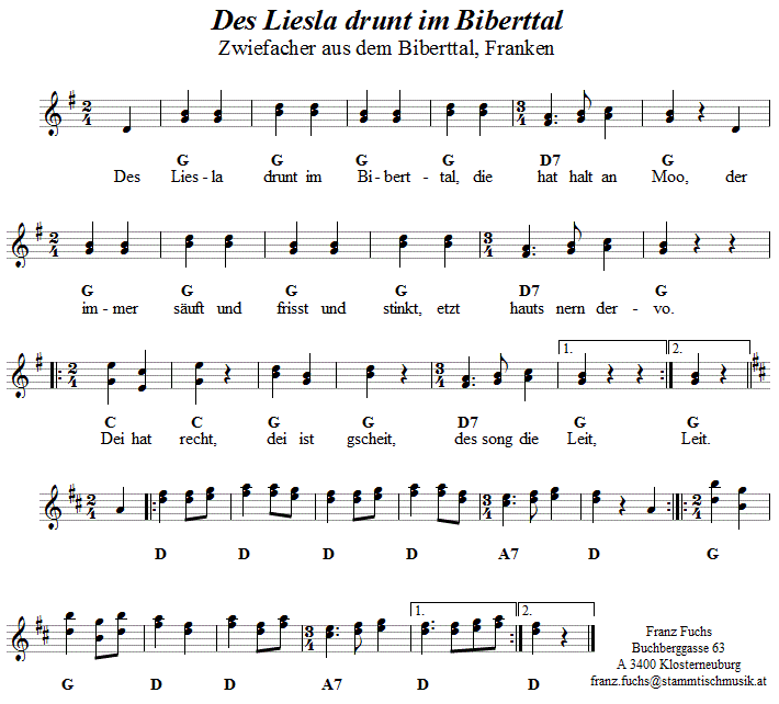 Des Liesla drunt im Biberttal, Zwiefacher aus Franken, Noten