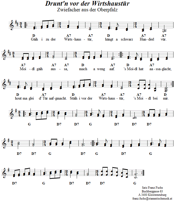 Drunt'n vor der Wirtshaustür, Zwiefach in zweistimmigen Noten