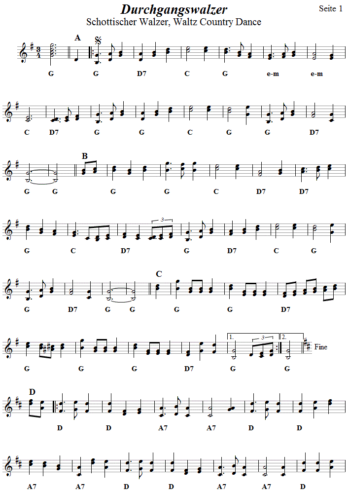 Schottischer Walzer (Durchgangswalzer), Volkstanznoten