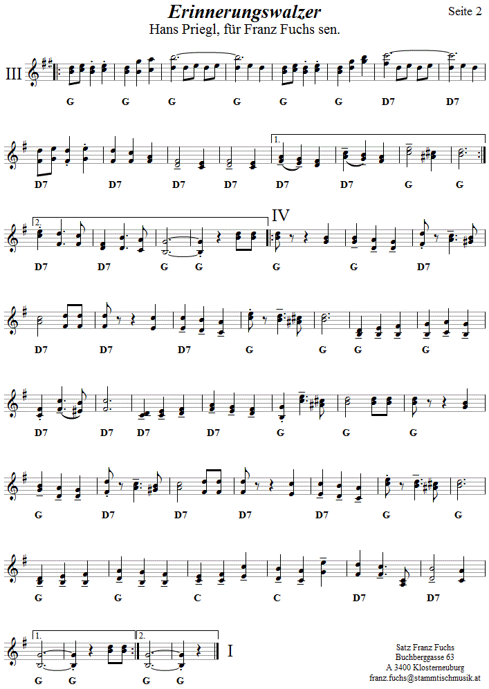 Erinnerungswalzer von Hans Priegl in zweistimmigen Noten