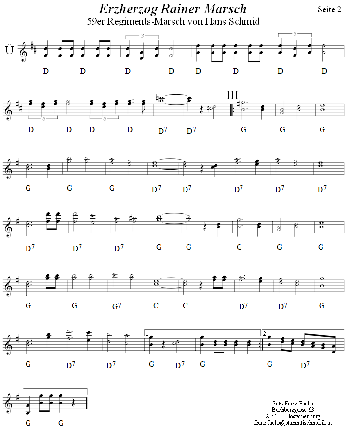 Erzherzog Rainer Marsch - Noten aus dem Repertoire - Volksmusik im Wirtshaus