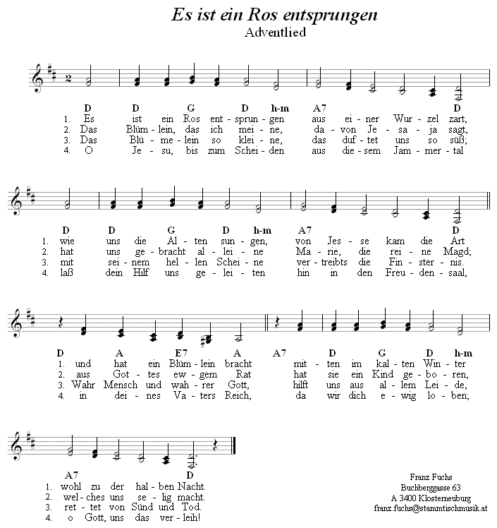 Es ist ein Ros entsprungen, Weihnachtslied in zweistimmigen Noten