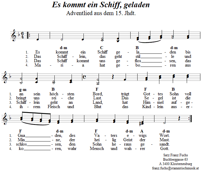 Es kommt ein Schiff geladen, Adventlied in zweistimmigen Noten