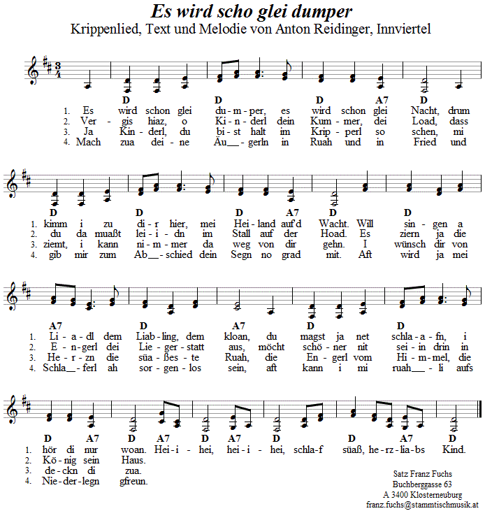 Es wird scho glei dumper, Krippenlied in zweistimmigen Noten