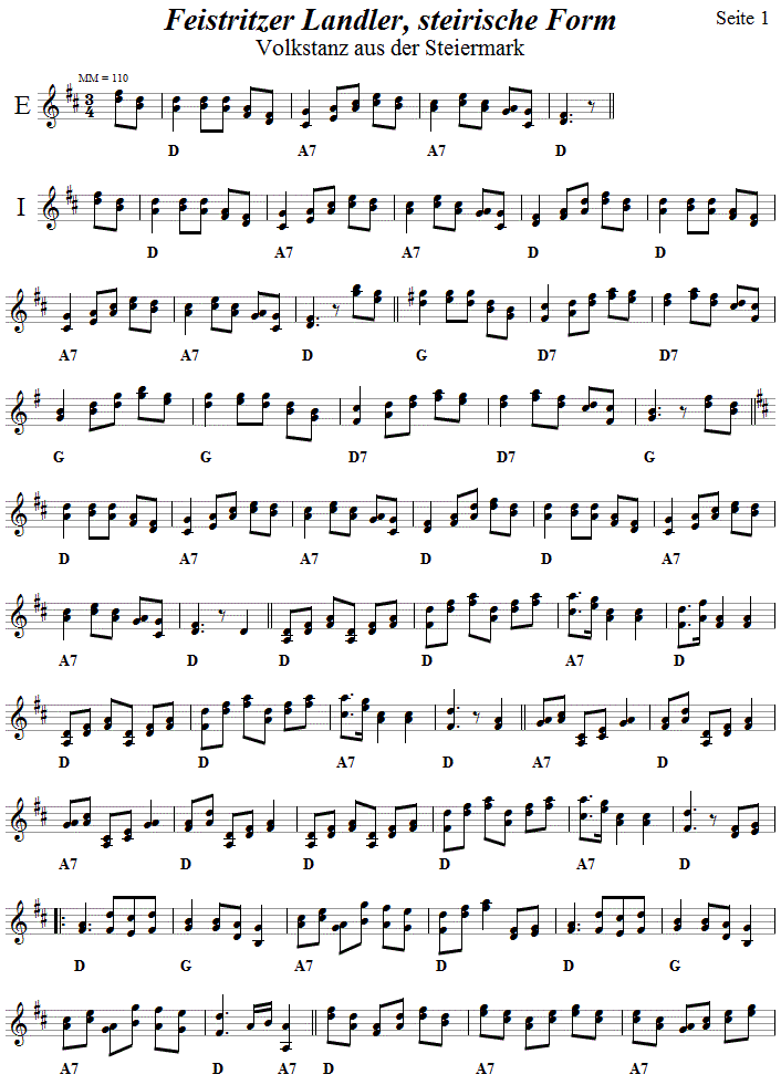 Feistritzer Landler, steirische Form, Volkstanznoten