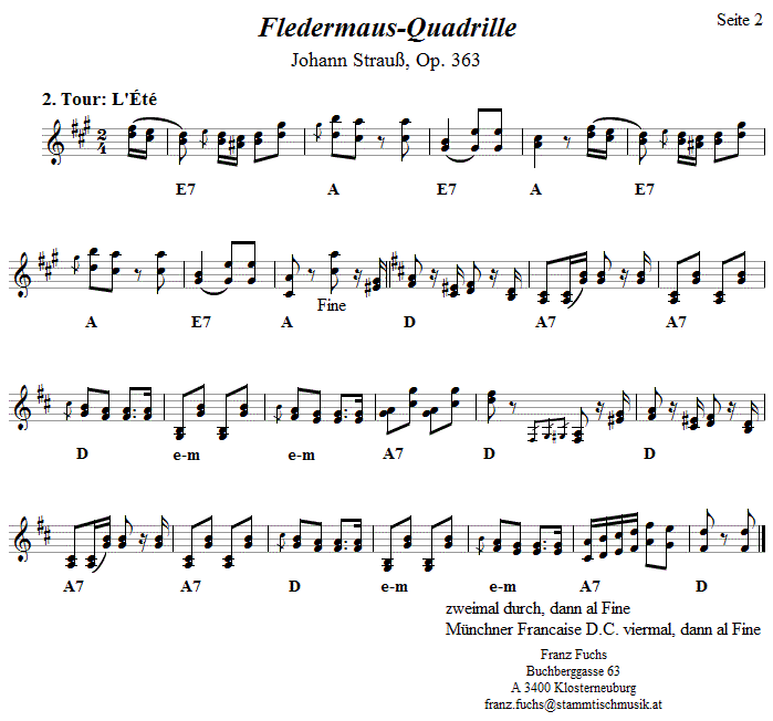 Quadrille Francaise - Fledermausquadrille von Johann Strauß, Volkstanznoten