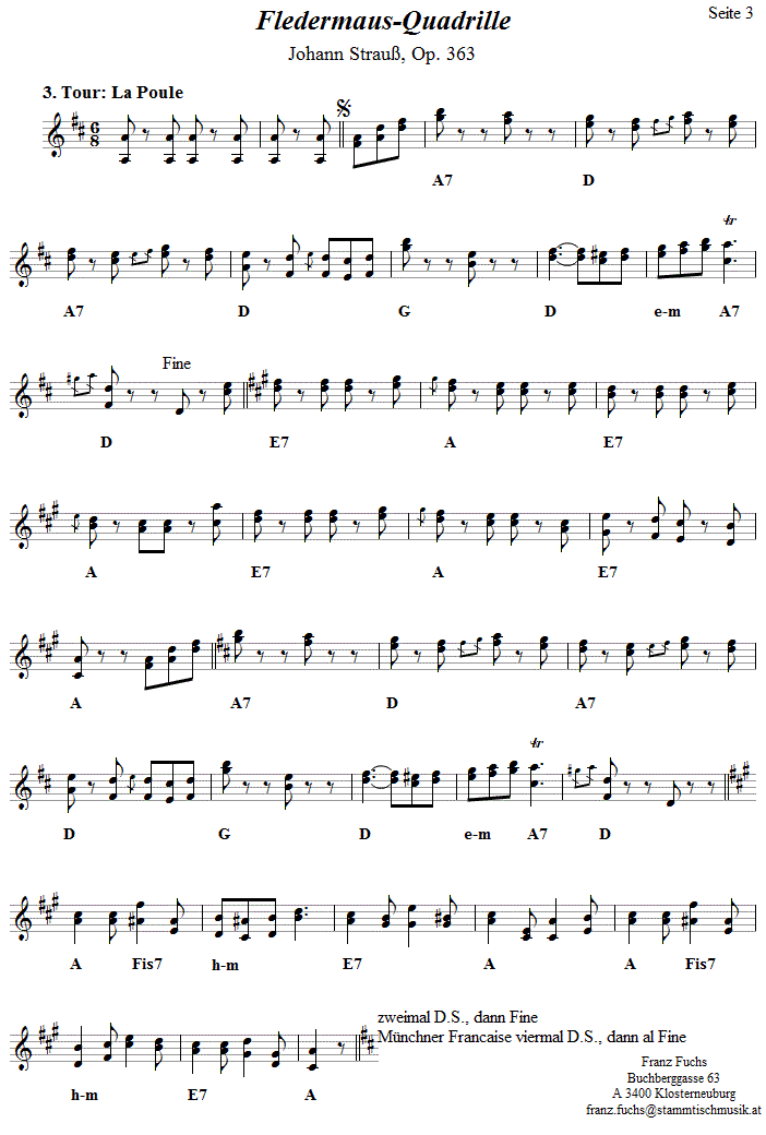 Quadrille Francaise - Fledermausquadrille von Johann Strauß, Volkstanznoten