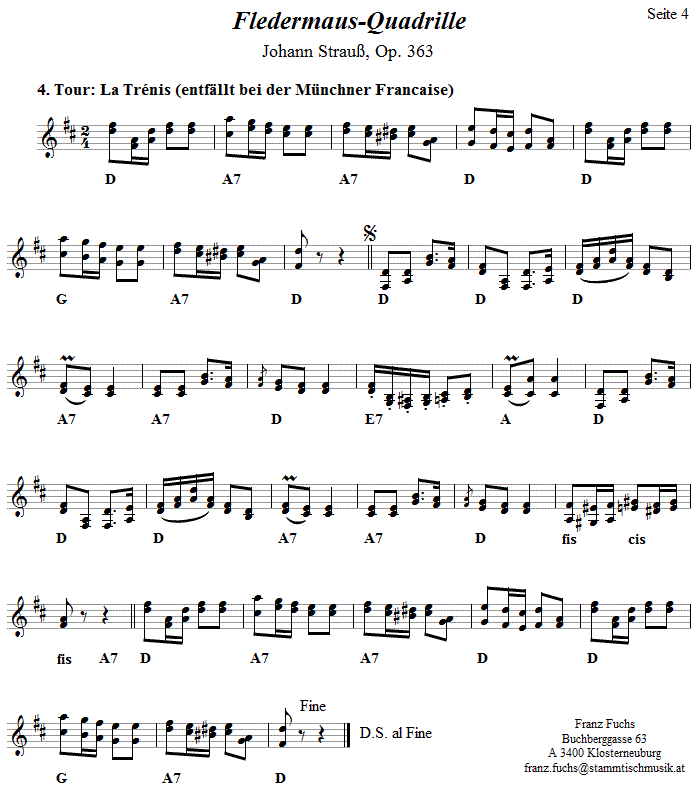 Quadrille Francaise - Fledermausquadrille von Johann Strauß, Volkstanznoten