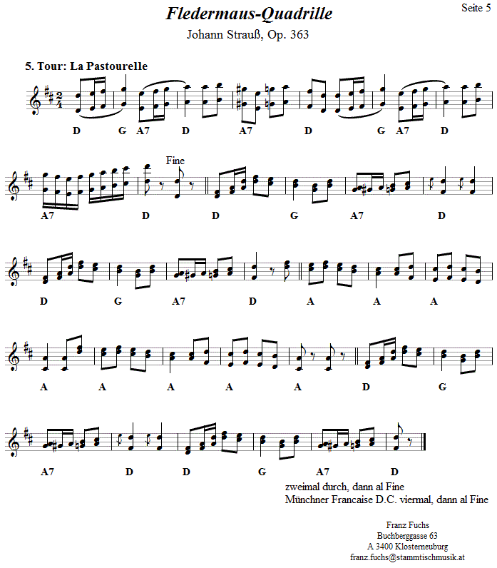 Quadrille Francaise - Fledermausquadrille von Johann Strauß, Volkstanznoten