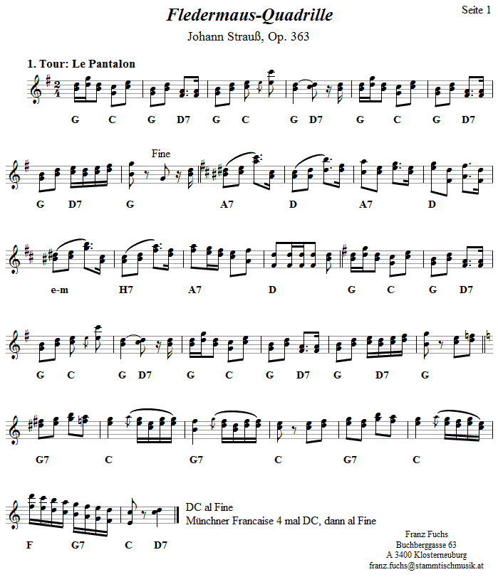 Quadrille Francaise - Fledermausquadrille von Johann Strauß, Volkstanznoten