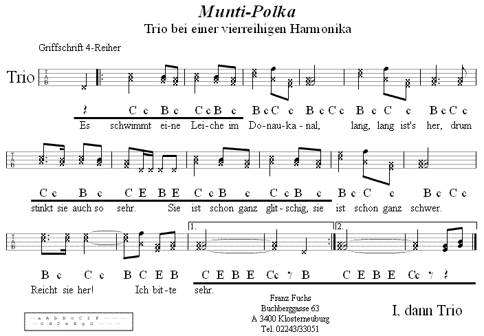 Muntipolka (Montagspolka) von Franz Xaver Kofler in Griffschrift für Steirische Harmonika, Drei- und Vierreiher