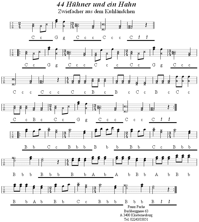 Vierundvierzig Hühner und ein Hahn, Zwiefacher in Griffschrift für Steirische Harmonika