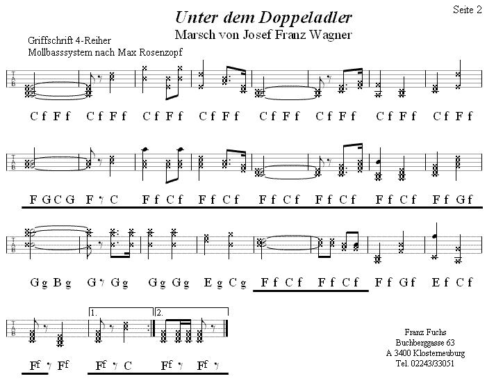 Unter dem Doppeladler, Marsch von Josef Franz Wagner in Griffschrift für Steirische Harmonika