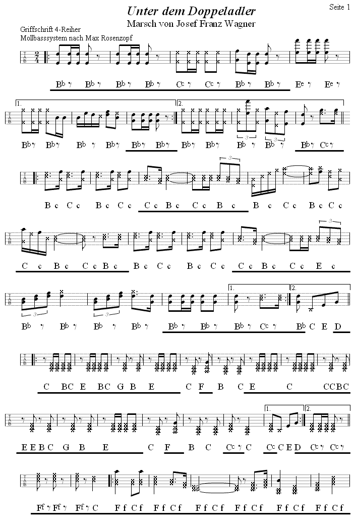 Unter dem Doppeladler, Marsch von Josef Franz Wagner in Griffschrift für Steirische Harmonika