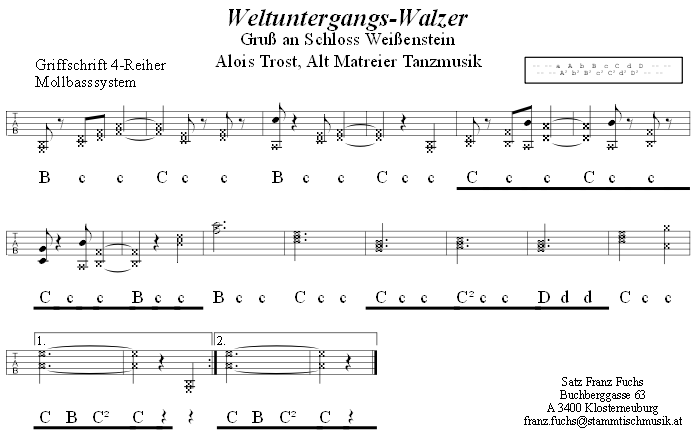 Weltuntergangswalzer (Gruß an Schloss Weißenstein), Walzer von Alois Trost in Griffschrift für Steirische Harmonika