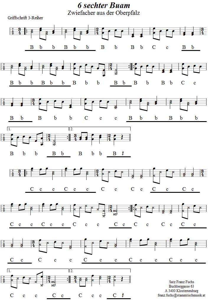 6 sechter Buam - Zwiefacher, in Griffschrift für Steirische Harmonika