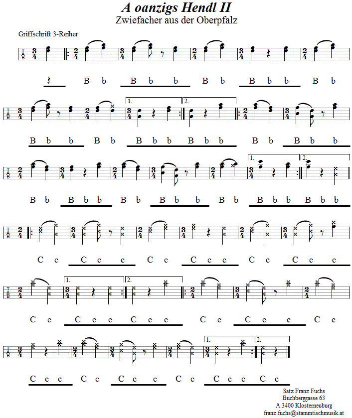 A oanzigs Hendl II - Zwiefacher in Griffschrift für Steirische Harmonika