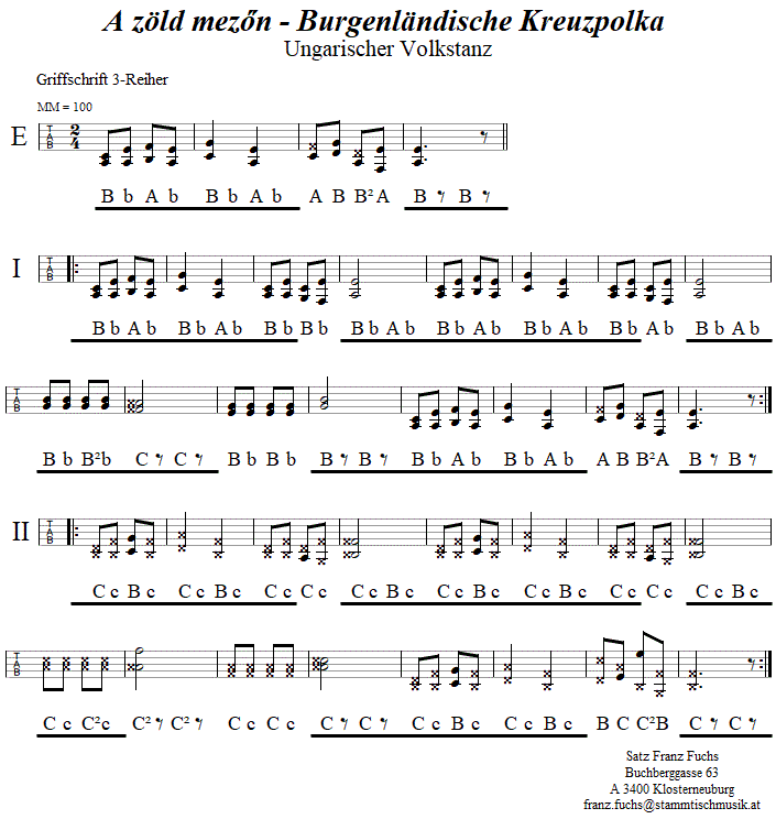 A zöld mezön (Auf der grünen Wiese), in Griffschrift für Steirische Harmonika