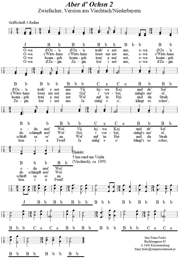 Aber d' Ochsn 2 (Niederbayern), Zwiefacher, in Griffschrift für Steirische Harmonika