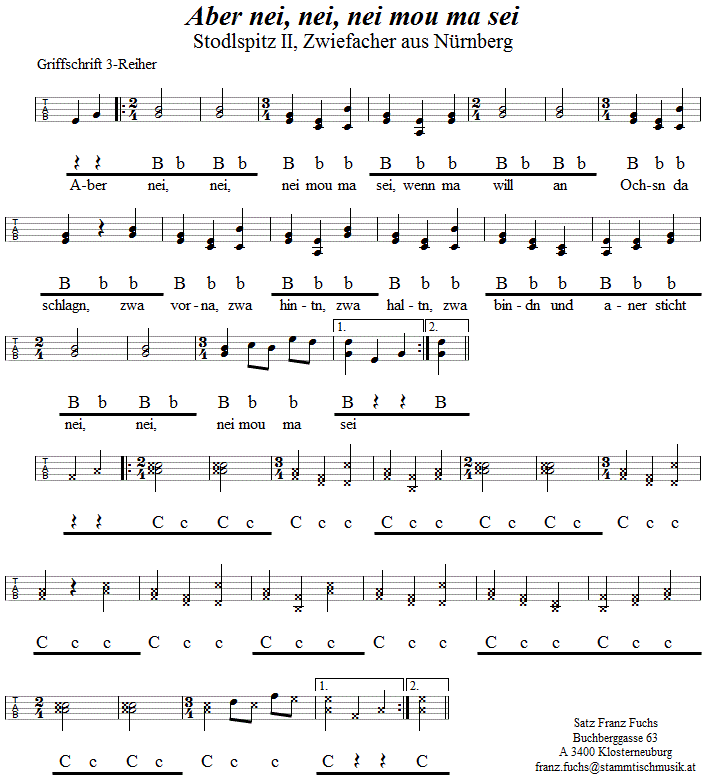 Aber nei, nei, nei mou ma sei (Stodlspitz II), Zwiefacher in Griffschrift für Steirische Harmonika