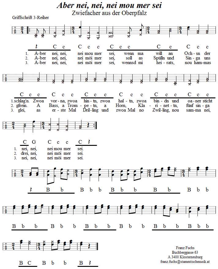 Aber nei, nei, nei, in Griffschrift für Steirische Harmonika