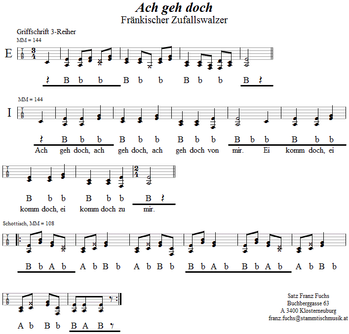 Ach geh doch (Fränkischer Zufallswalzer), in Griffschrift für Steirische Harmonika