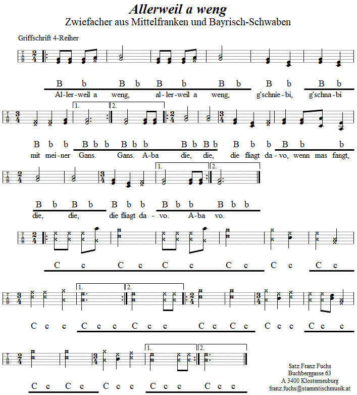 Allerweil a weng, Zwiefacher in Griffschrift für Steirische Harmonika