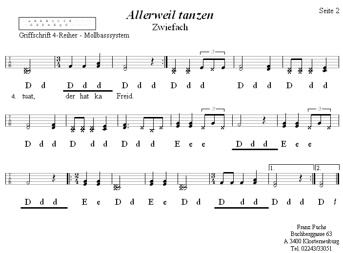 Allerweil tanzen, Zwiefacher in Griffschrift für Steirische Harmonika