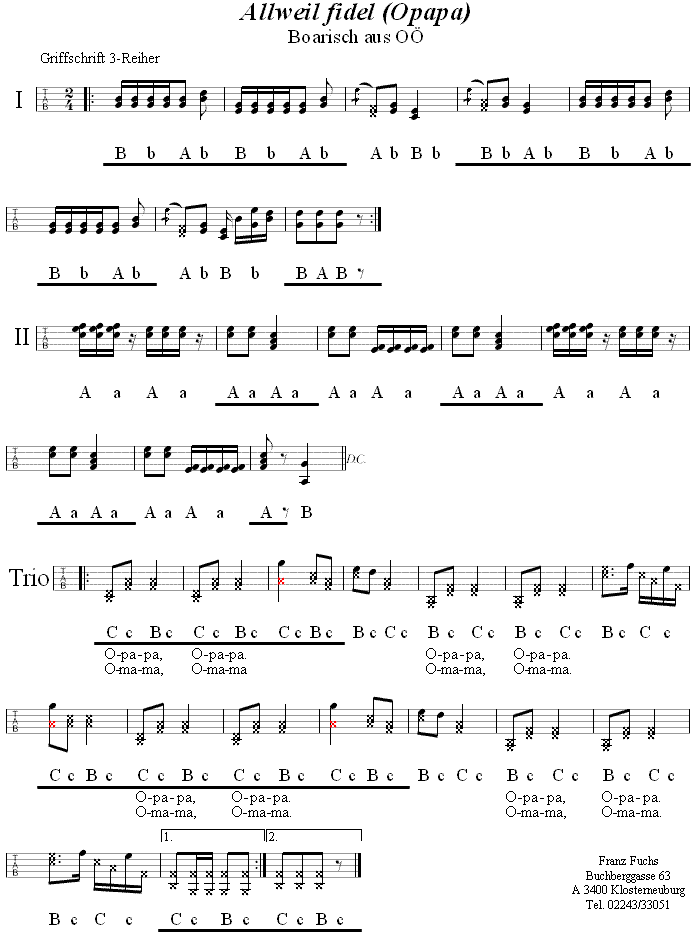 Allweil Fidel, Boarischer in Griffschrift für Steirische Harmonika