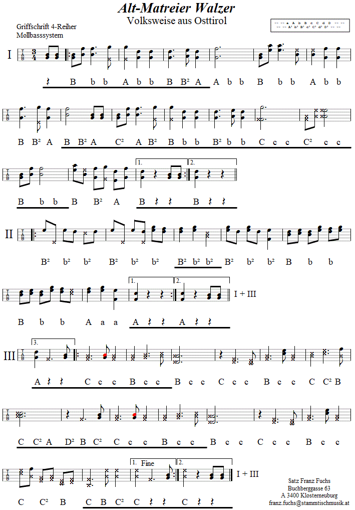 Alt-Matreier Walzer, in Griffschrift für Steirische Harmonika