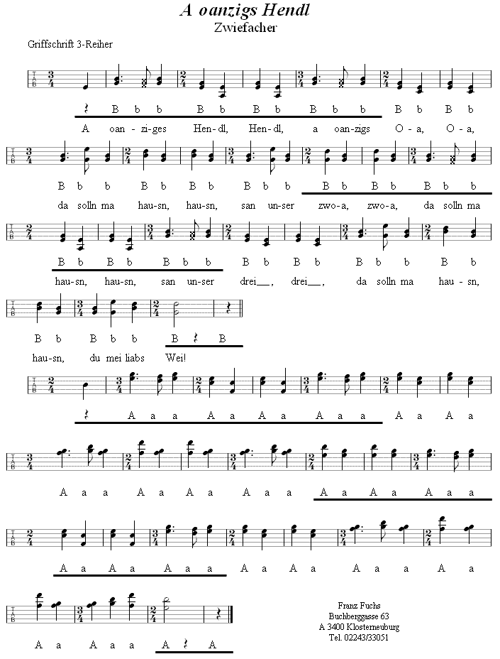 A oanzigs Hendl - Zwiefacher in Griffschrift für Steirische Harmonika