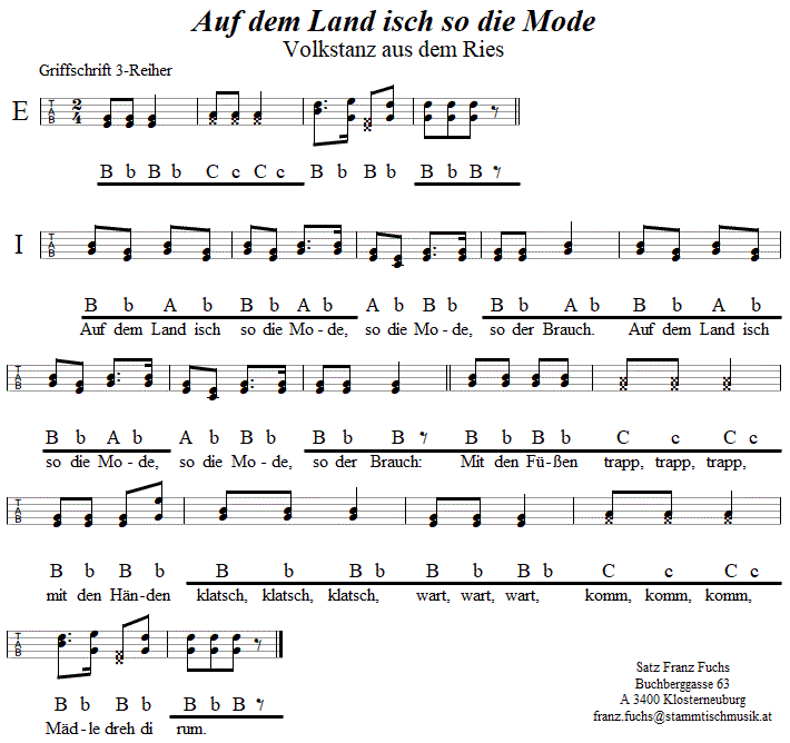 Auf dem Land isch so die Mode, in Griffschrift für Steirische Harmonika