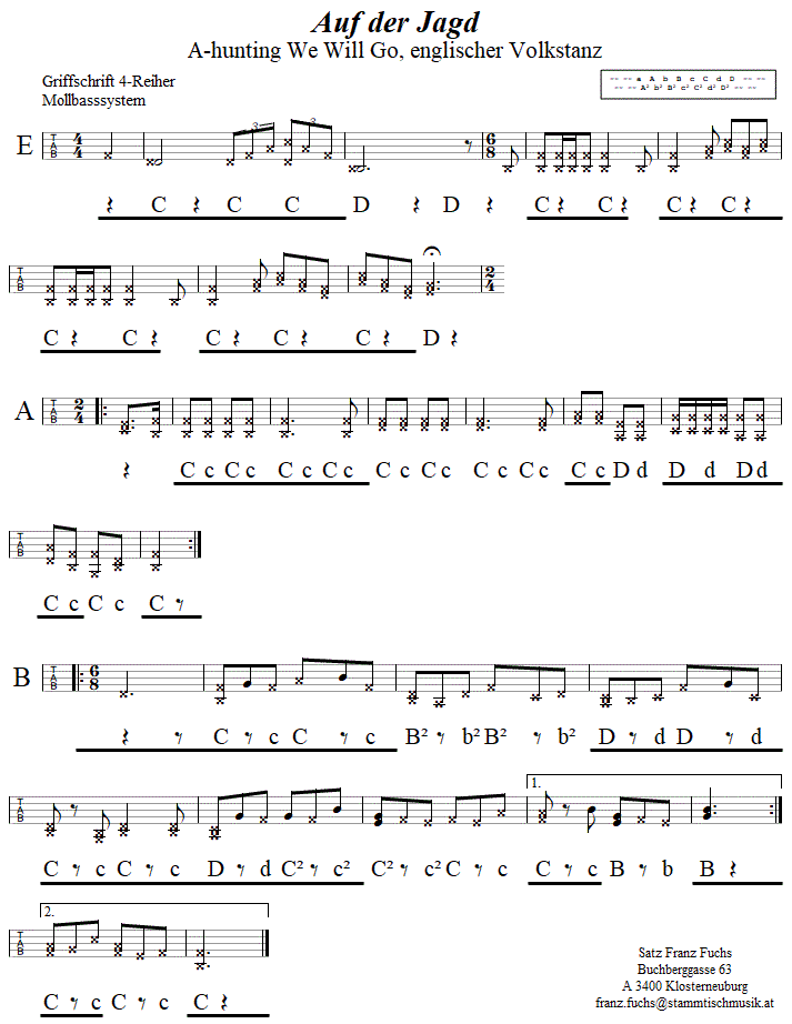 Auf der Jagd (A-hunting We Will Go), in Griffschrift für Steirische Harmonika