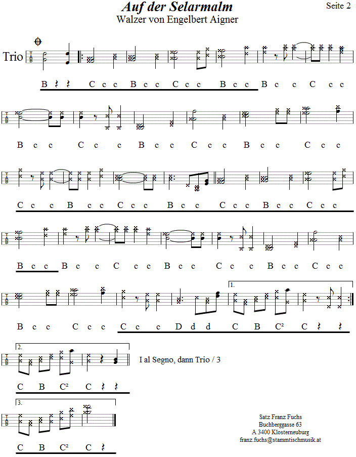 Auf der Selarmalm, Walzer von Engelbert Aigner in Griffschrift für Steirische Harmonika