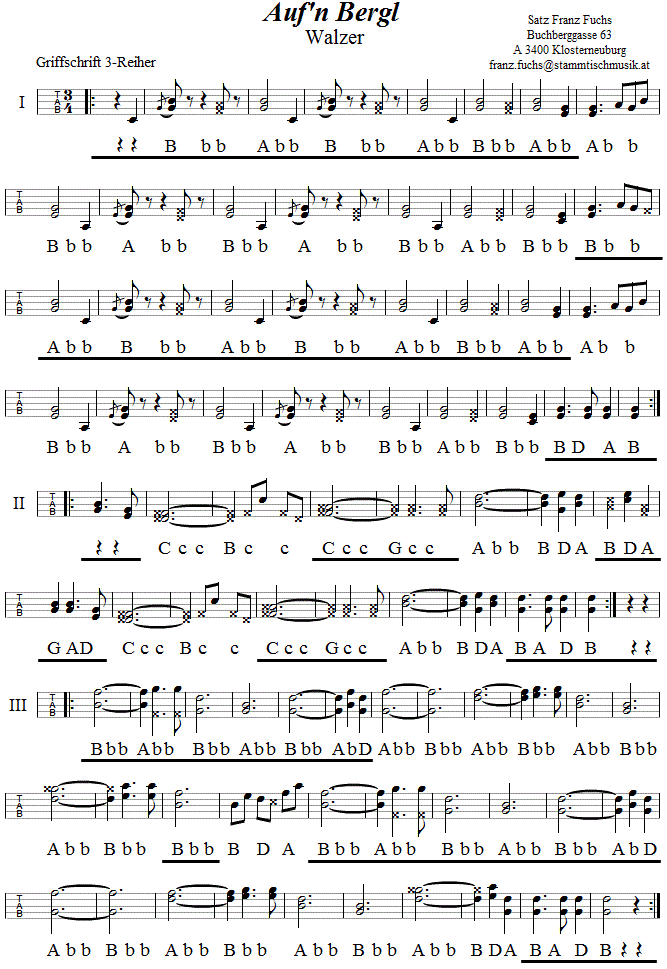 Auf'n Bergl Walzer in Griffschrift für steirische Harmonika - Noten aus dem Repertoire