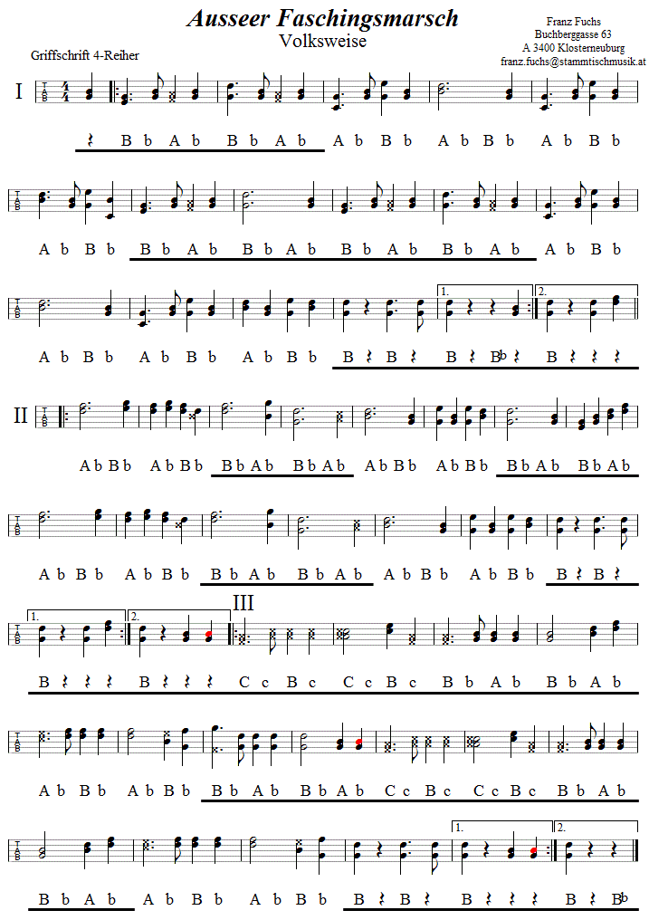 Ausseer Faschingsmarsch in Griffschrift für Steirische Harmonika